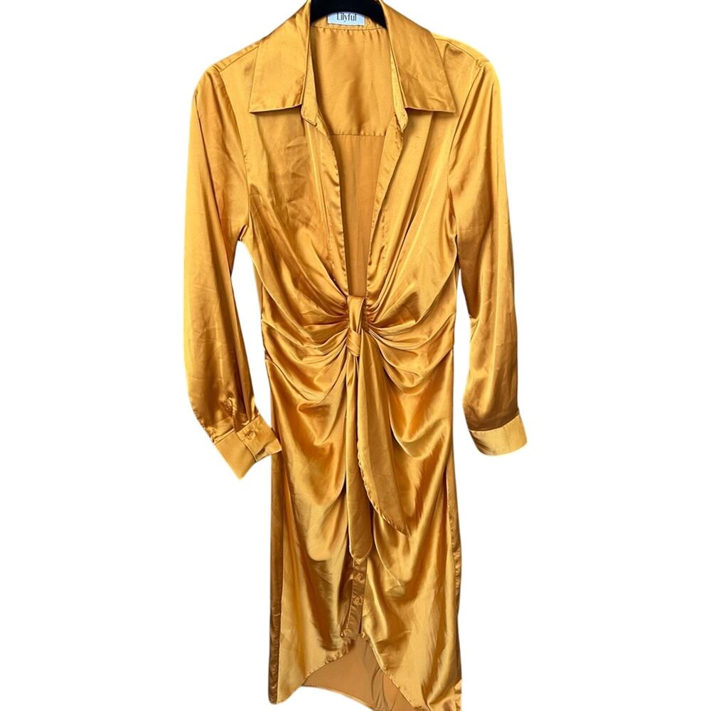 Lilyful Dress - Satin-like Gold Long Sleeve - S